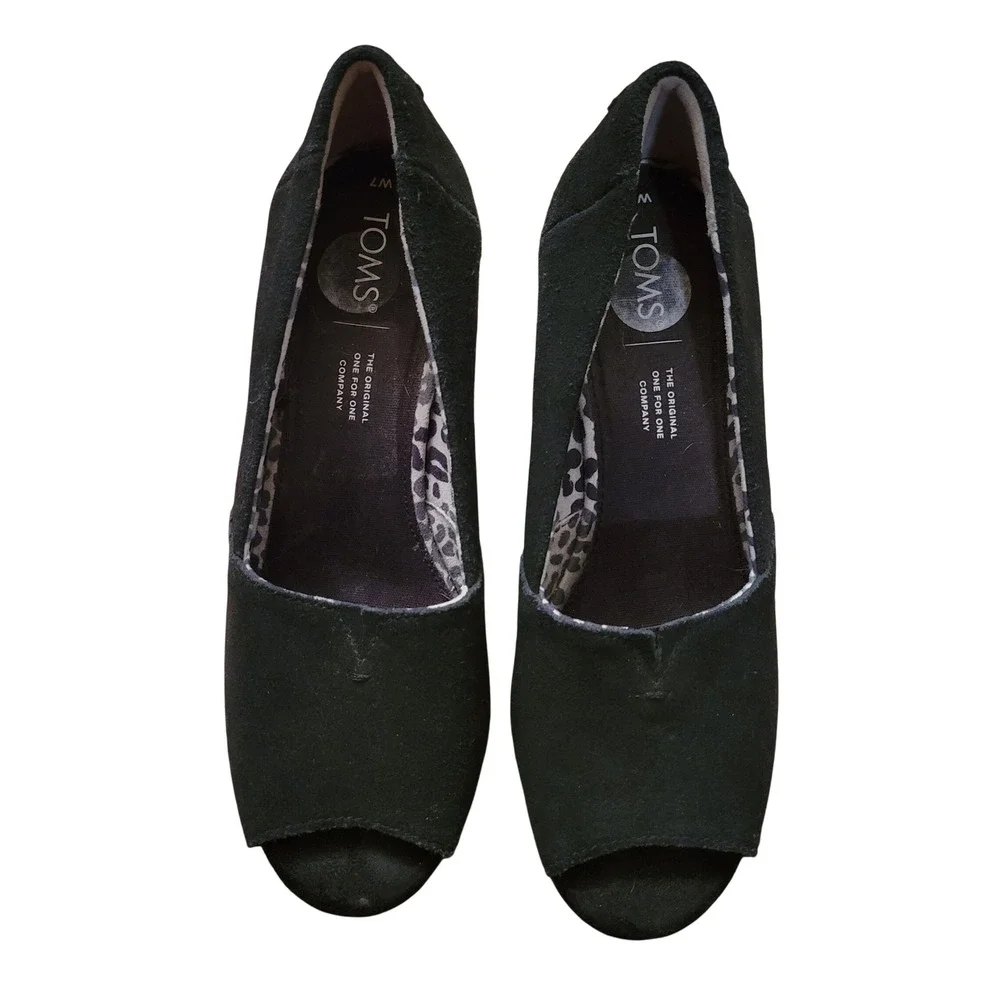 TOMS 7 Black‎ Suede Desert Wedge Peep Toe High Heels Shoes MICHELLE Espadrille